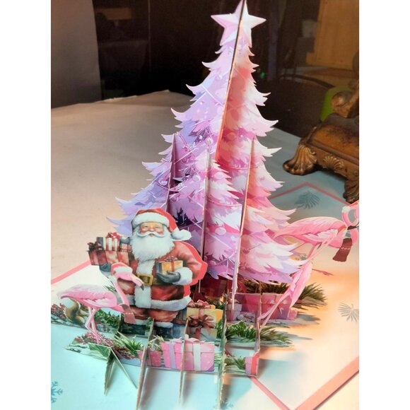 3D Christmas Card Flamingo Tree Santa Pink - Picture 9 of 14